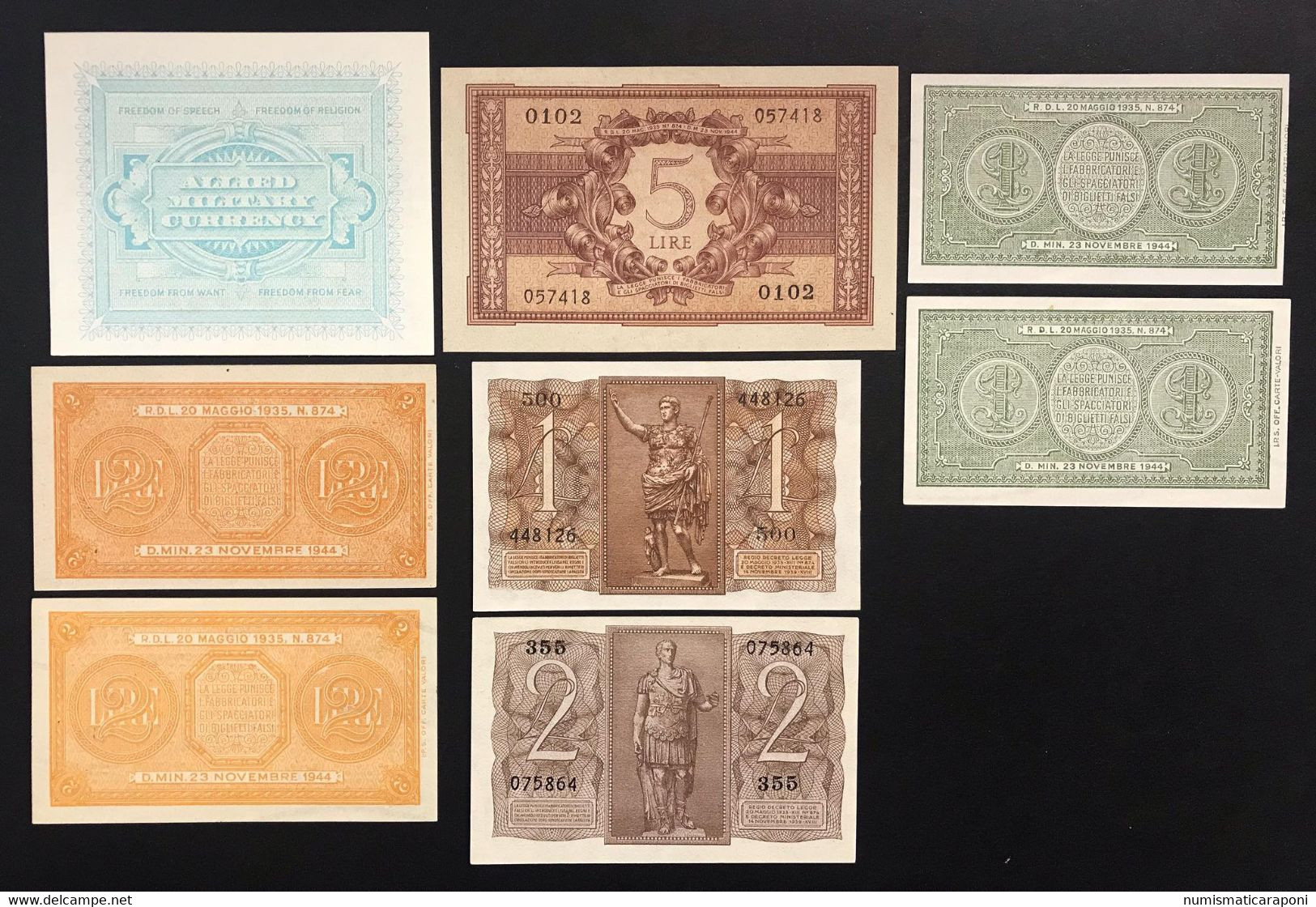 1 2 5 Lire 1939-1944 Regno Luogotenenza Occupazione Americana 8 Pz Fds LOTTO 3380 - Colecciones