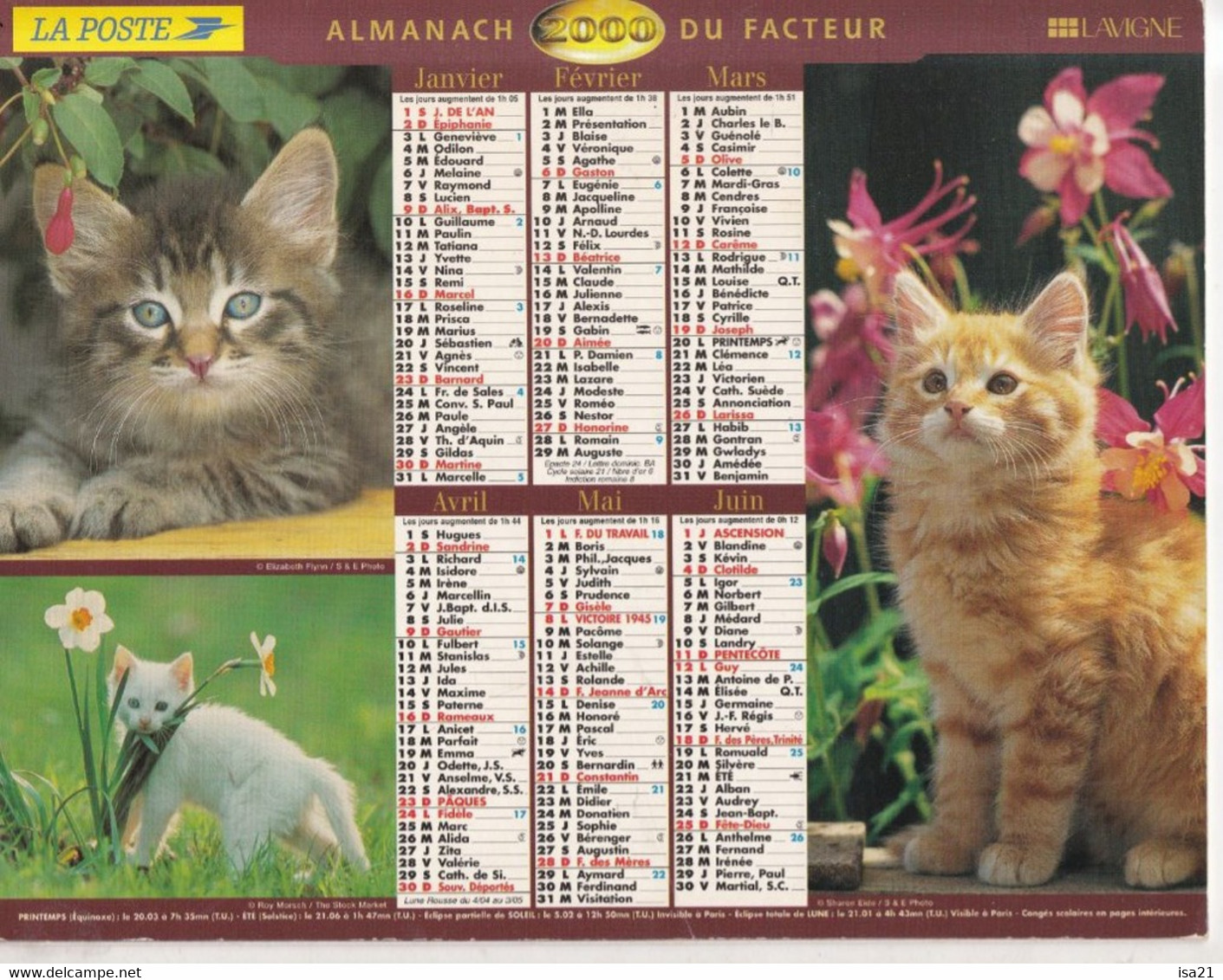 Almanach Du Facteur, Calendrier De La Poste, 2000 : Côte D'Or, Chatons Et Chiots, Chiens. - Grand Format : 1991-00