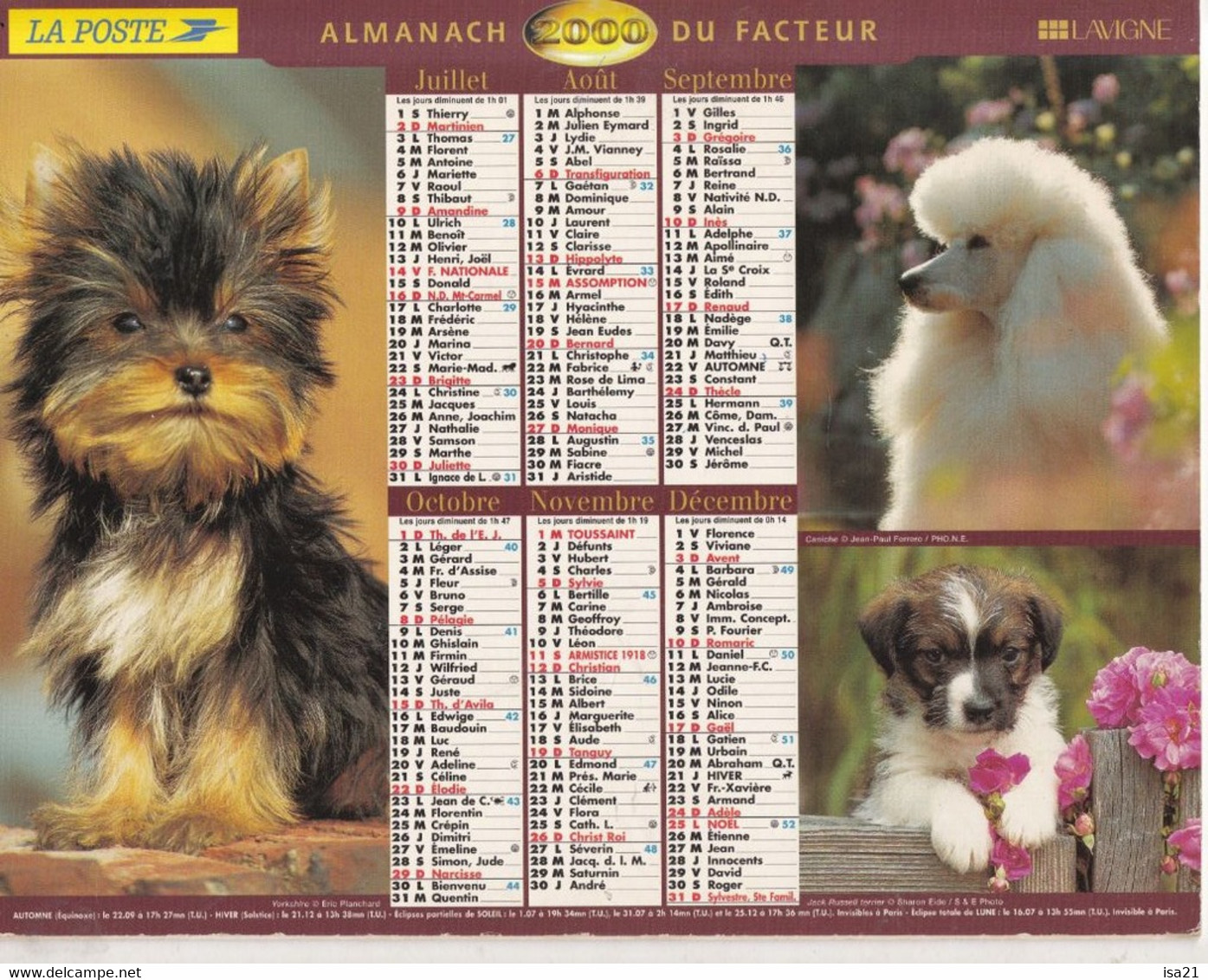 Almanach Du Facteur, Calendrier De La Poste, 2000 : Côte D'Or, Chatons Et Chiots, Chiens. - Grand Format : 1991-00