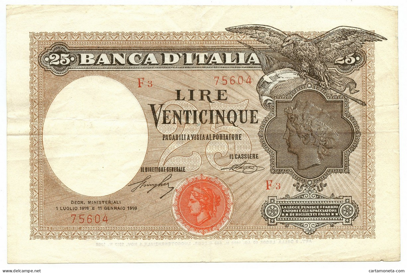 25 LIRE BANCA D'ITALIA AQUILA CON BANDIERA SABAUDA 01/07/1918 BB/SPL - Regno D'Italia – Other