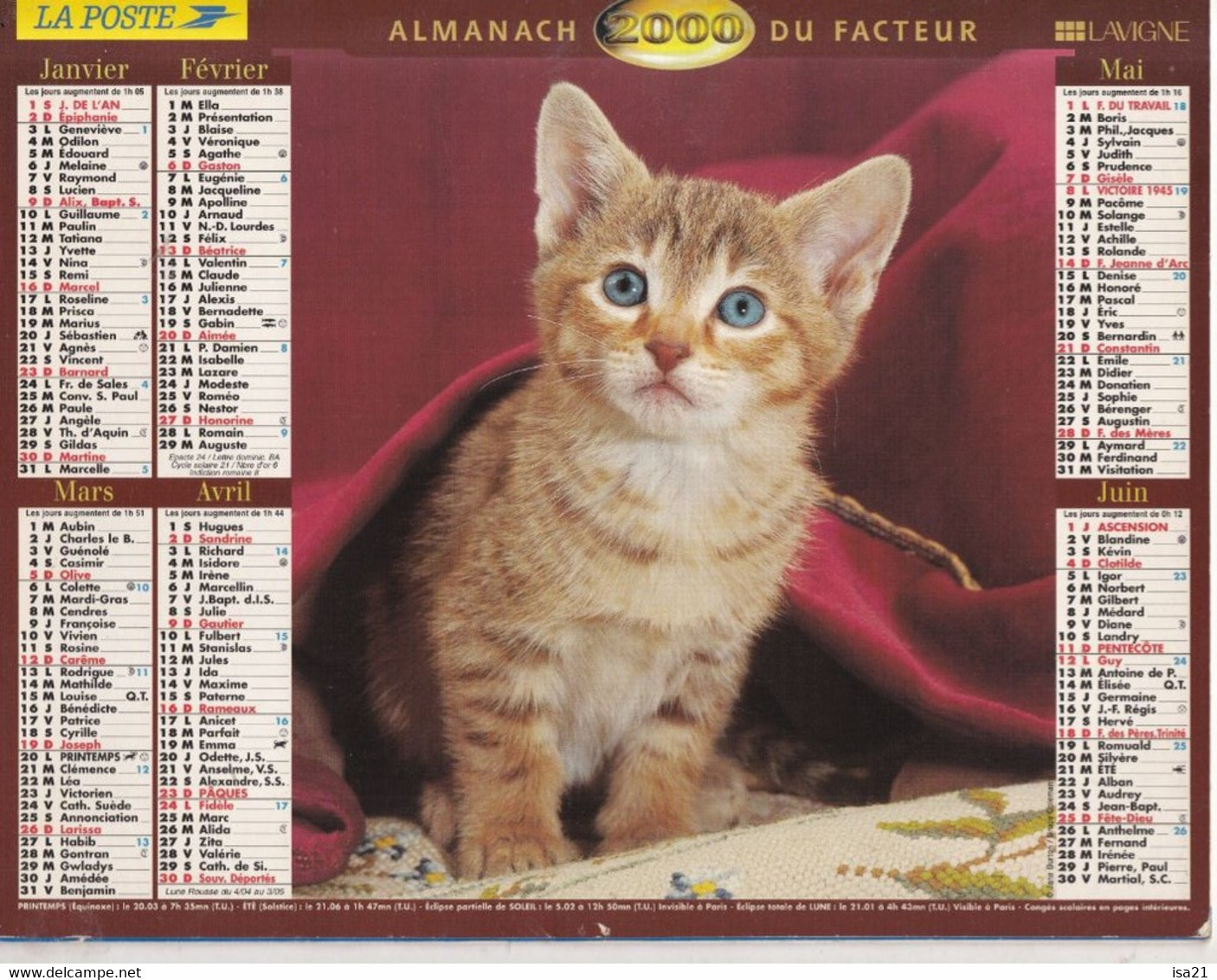 Almanach Du Facteur, Calendrier De La Poste, 2000 : Haute-Saône, Belfort, Chiots, Chaton. - Grand Format : 1991-00