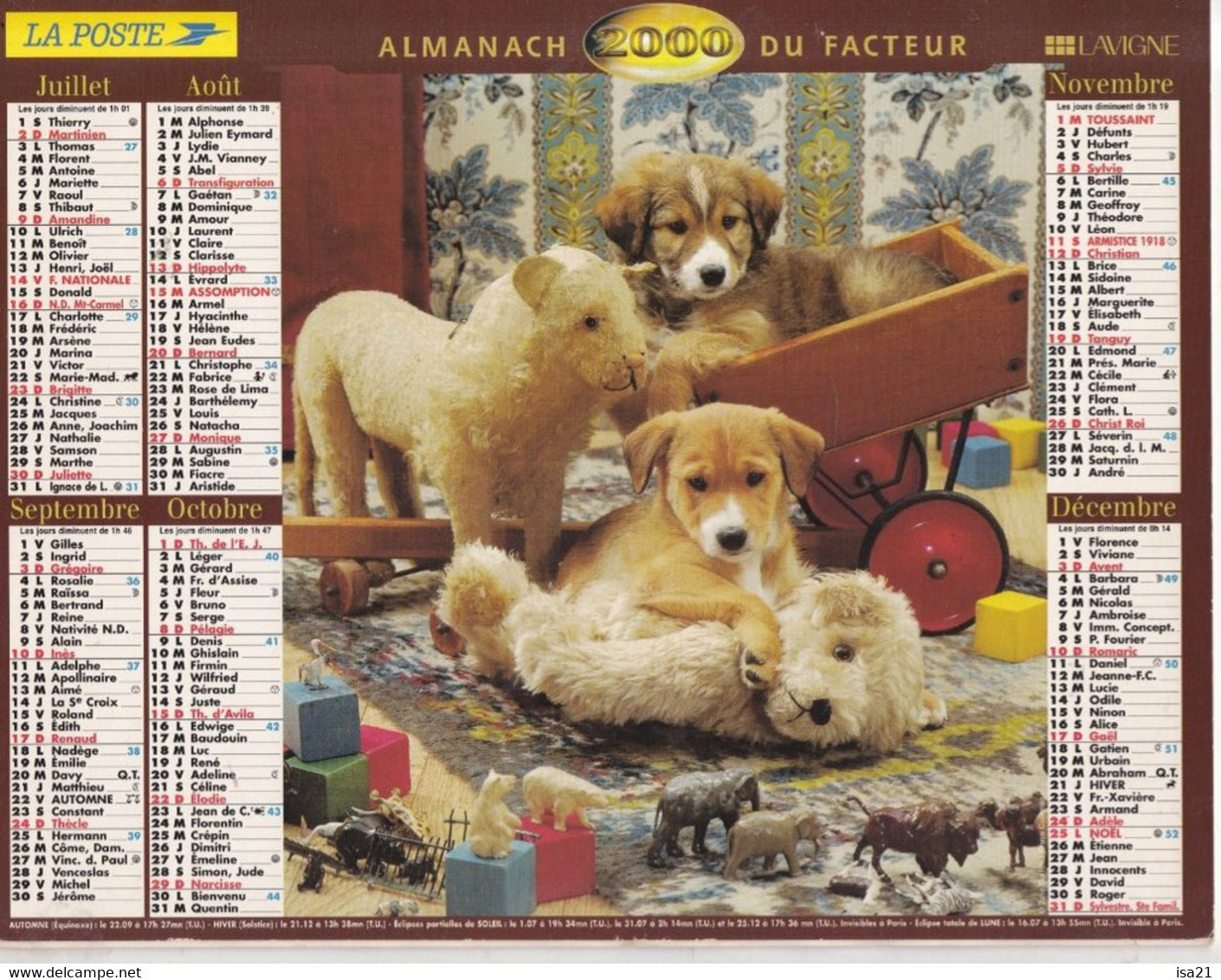 Almanach Du Facteur, Calendrier De La Poste, 2000 : Haute-Saône, Belfort, Chiots, Chaton. - Grand Format : 1991-00