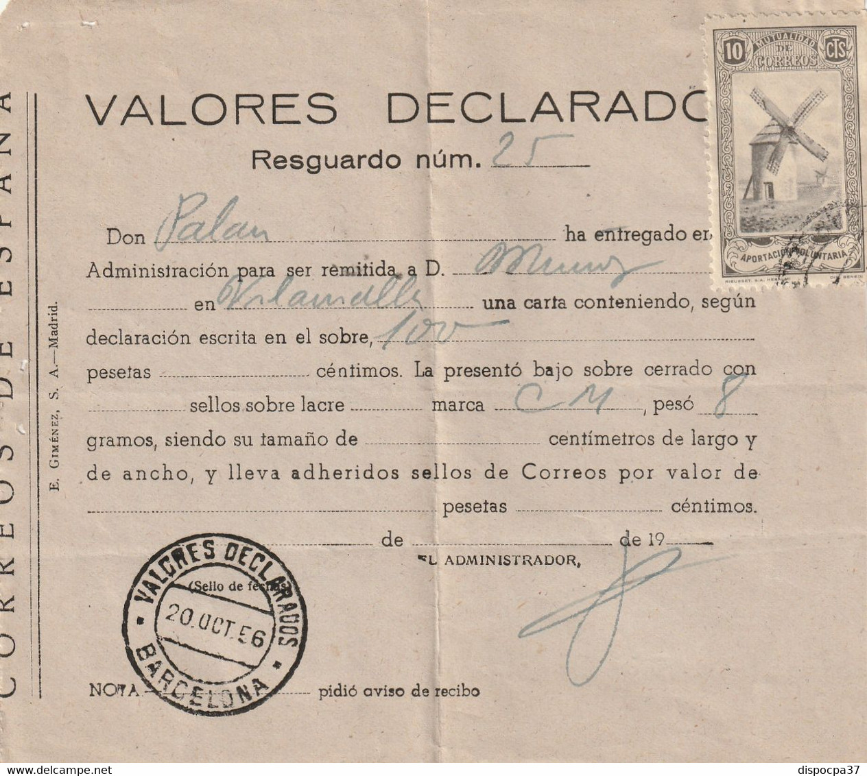 TIMBRE FISCAL ESPAGNE  SUR DOCUMENT   20 OCT. 1956 - REF MS - Postage-Revenue Stamps