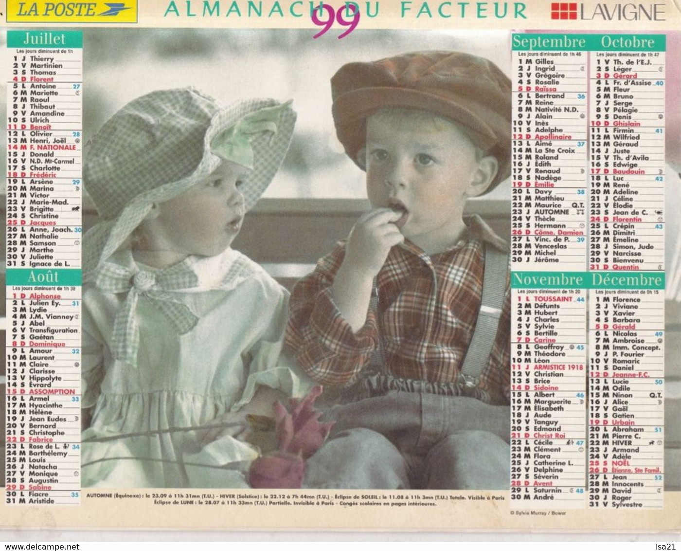 Almanach Du Facteur, Calendrier De La Poste, 1999 : Haute-Saône, Belfort, Enfants Sur Scooter, Enfants Assis. - Grand Format : 1991-00