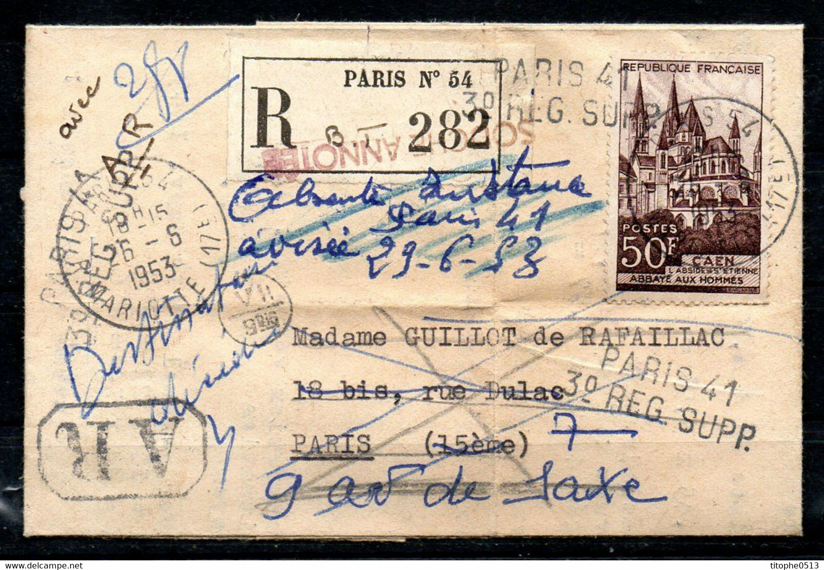 FRANCE. Superbe Enveloppe Ayant Circulé En 1953 à Destination Du Peintre Guillot De Rafaillac. Destinataire Décédée. - Cartas & Documentos