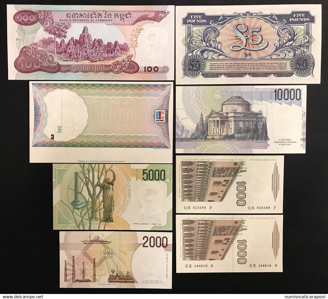 8 Banconote Miste Italia Cambogia British Armed Fores Fds LOTTO 3376 - Sammlungen