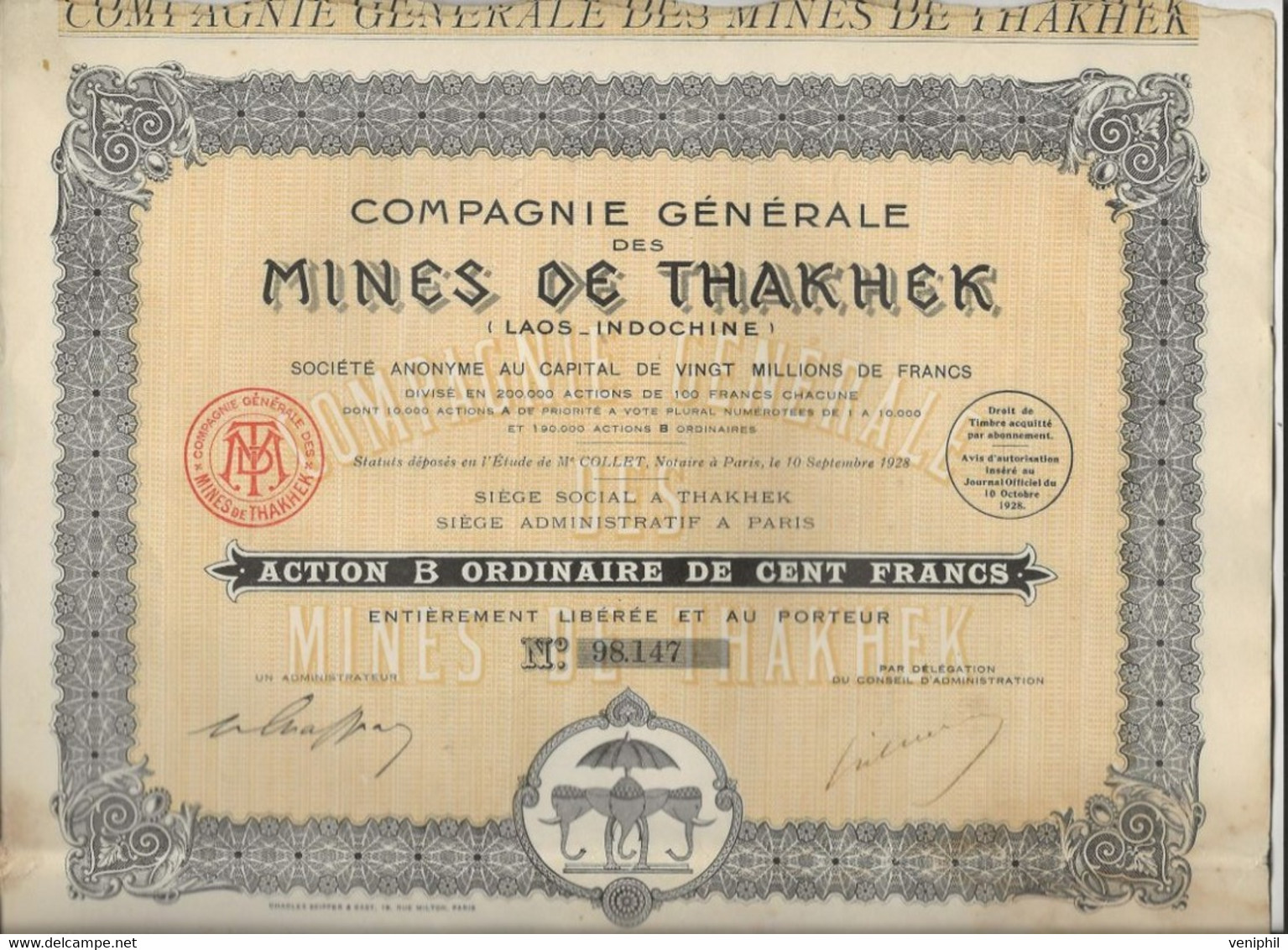 COMPAGNIE GENERALE DES MINES DE THAKHEK - LAOS  -INDOCHINE -LOT DE 5 ACTIONS B  DE 100 FRS -1928 - Mijnen