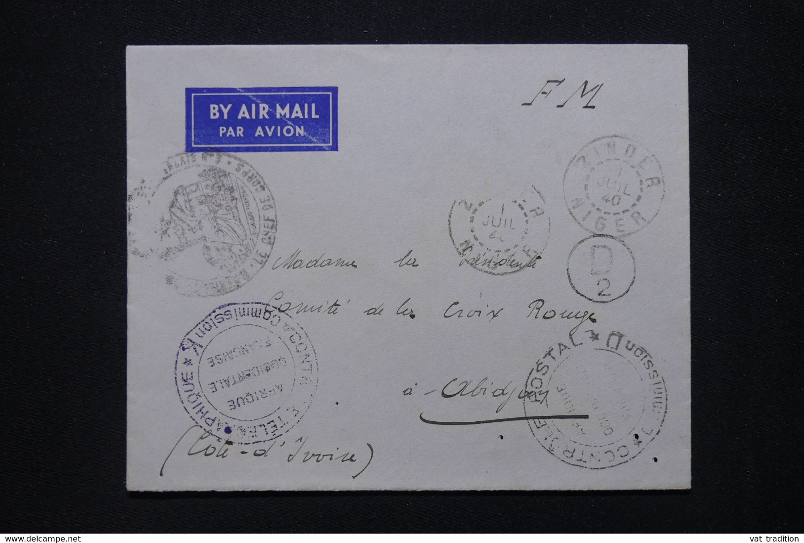 NIGER - Enveloppe En Fm De Zinder Pour Abidjan En 1940 Avec Cachets De Contrôles - L 114502 - Covers & Documents
