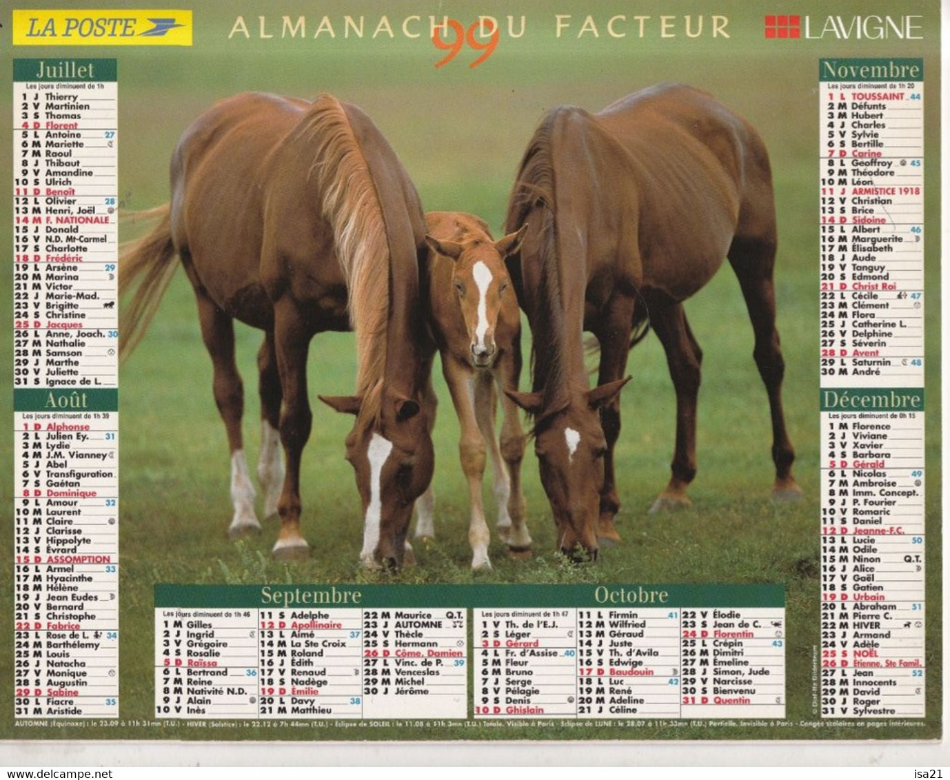 Almanach Du Facteur, Calendrier De La Poste, 1999 : Côte D'Or: Les Chevaux - Grand Format : 1991-00