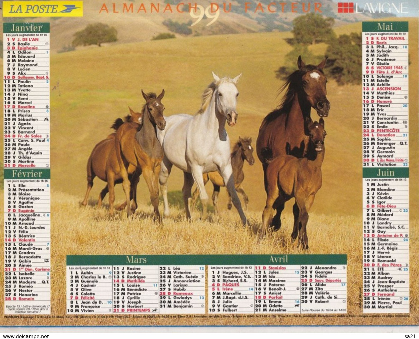 Almanach Du Facteur, Calendrier De La Poste, 1999 : Côte D'Or: Les Chevaux - Grand Format : 1991-00