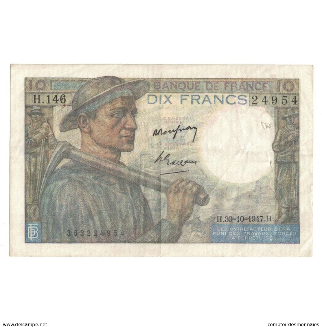 France, 10 Francs, Mineur, 1947, 1947-10-30, TB+, Fayette:8.18, KM:99f - 10 F 1941-1949 ''Mineur''