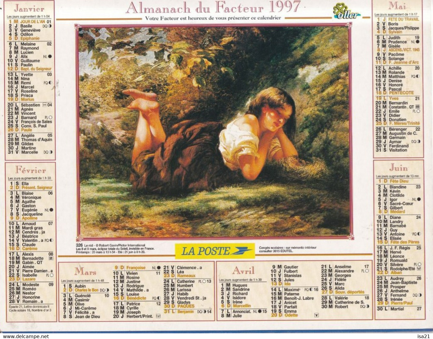 Almanach Du Facteur, Calendrier De La Poste, 1997 : Haute-Saône, Belfort: Les Tableaux: Le Nid, La Cueillette Des Pommes - Grand Format : 1991-00