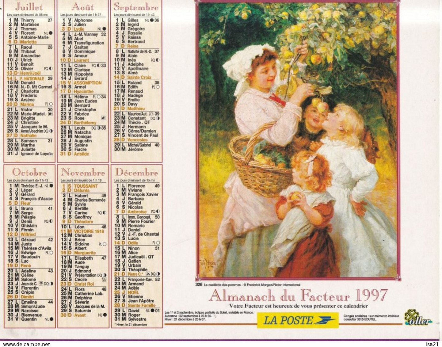 Almanach Du Facteur, Calendrier De La Poste, 1997 : Haute-Saône, Belfort: Les Tableaux: Le Nid, La Cueillette Des Pommes - Grand Format : 1991-00