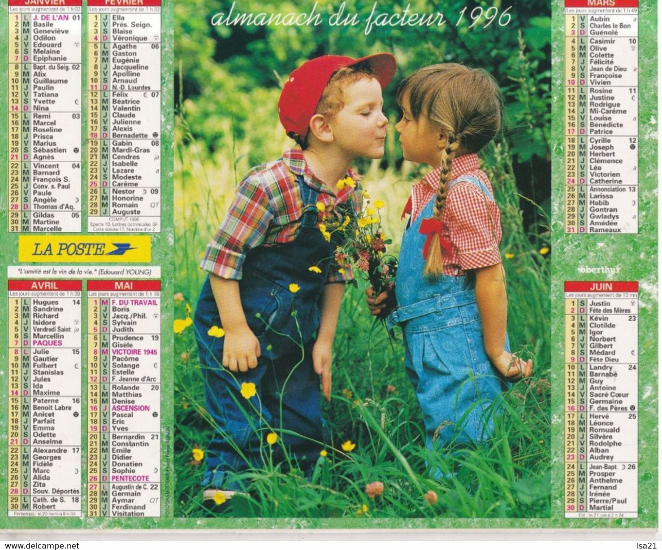 Almanach Du Facteur, Calendrier De La Poste, 1996 : Haute-Saône, Belfort: Amitiés, Garçon, Fille, Fillette Et Chaton - Grand Format : 1991-00