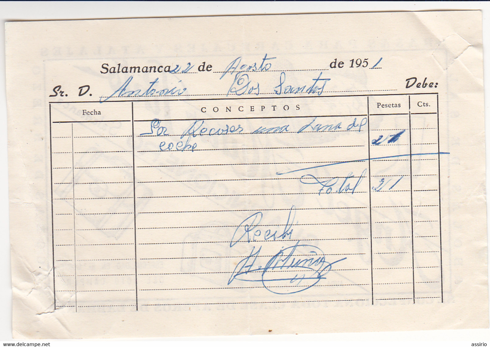 Espanã -Faturas Torero António Dos Santos Quando Foi Torear A Espanã 1951  Salamanca - España