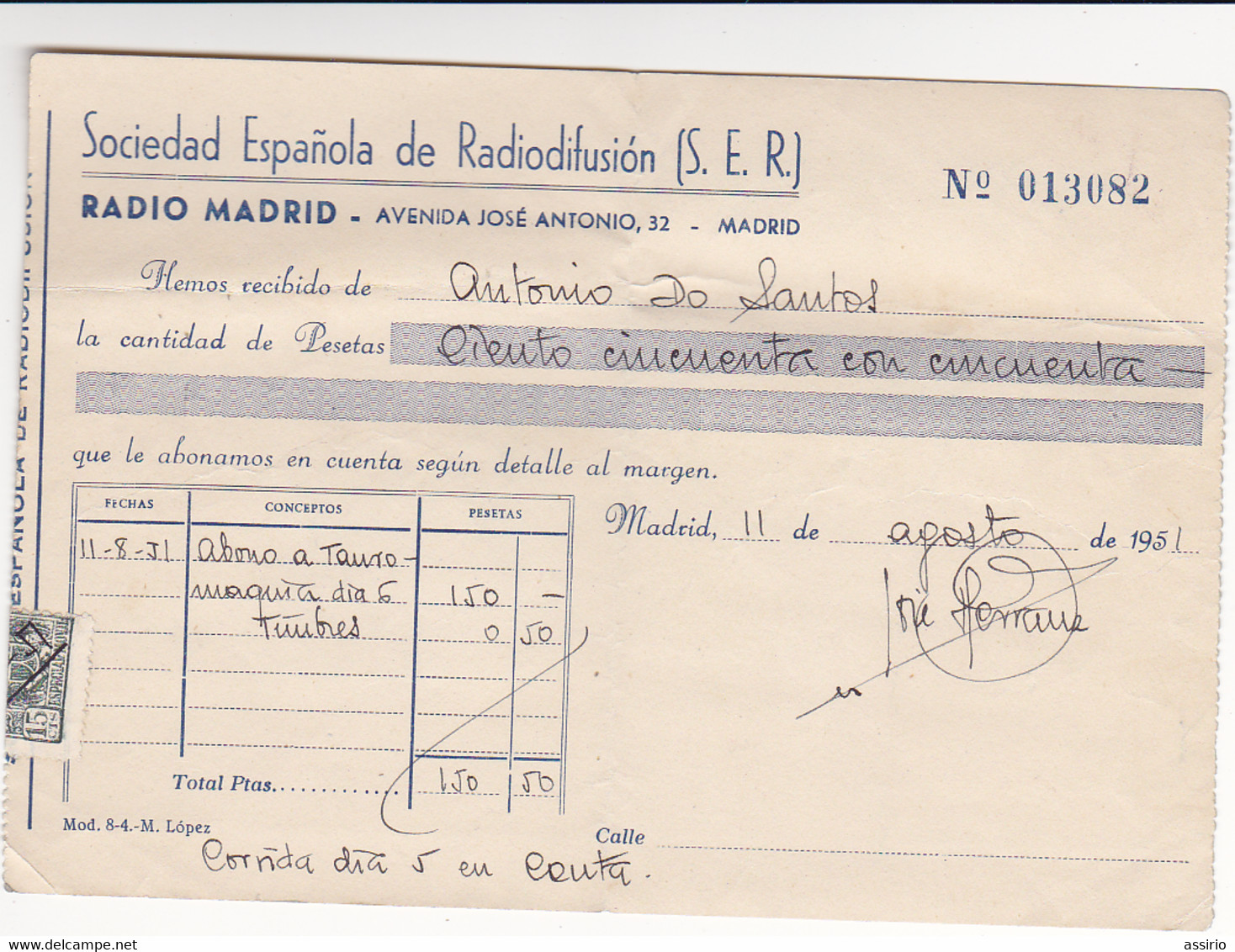 Espanã -Faturas Torero António Dos Santos Quando Foi Torear A Espanã 1951  Madrid - Spanien