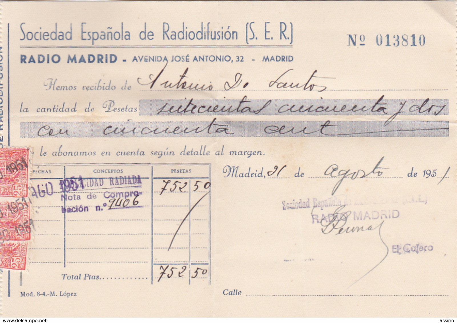Espanã -Faturas Torero António Dos Santos Quando Foi Torear A Espanã 1951  Madrid - Spanje