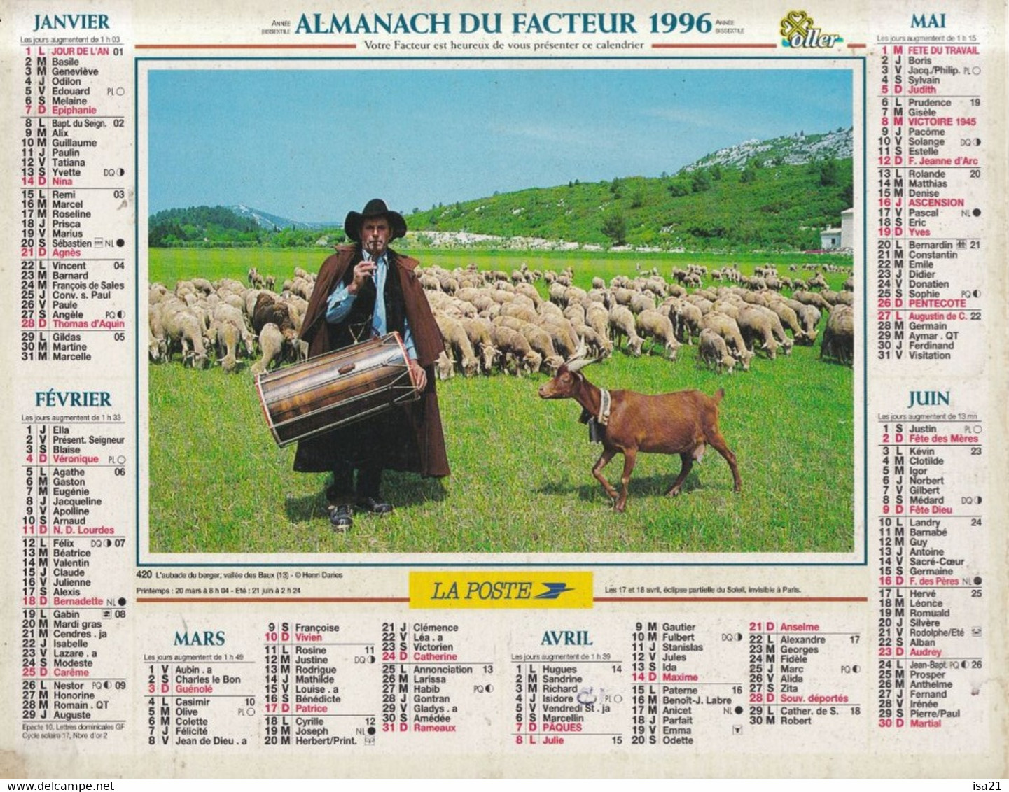 Almanach Du Facteur, Calendrier De La Poste, 1996 : Côte D'Or, L'Aubade Du Berger, Récolte Du Foin De Pré. - Grand Format : 1991-00