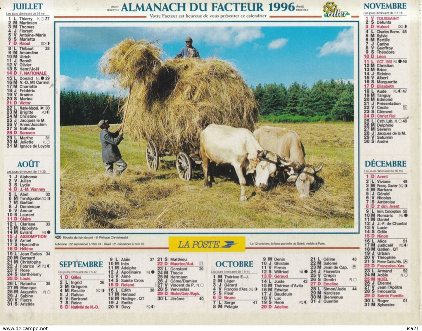 Almanach Du Facteur, Calendrier De La Poste, 1996 : Côte D'Or, L'Aubade Du Berger, Récolte Du Foin De Pré. - Grand Format : 1991-00