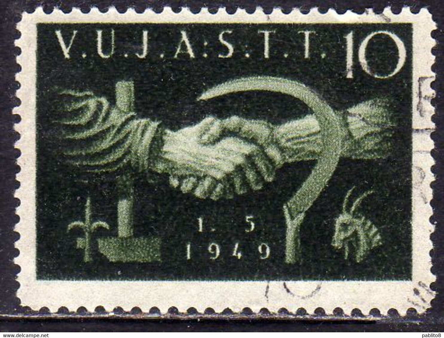 TRIESTE B 1949 1 MAGGIO MAY LABOUR DAY YUGOSLAVIA OVERPRINTED SOPRASTAMPATO JUGOSLAVIA 10d USATO USED OBLITERE' - Gebraucht