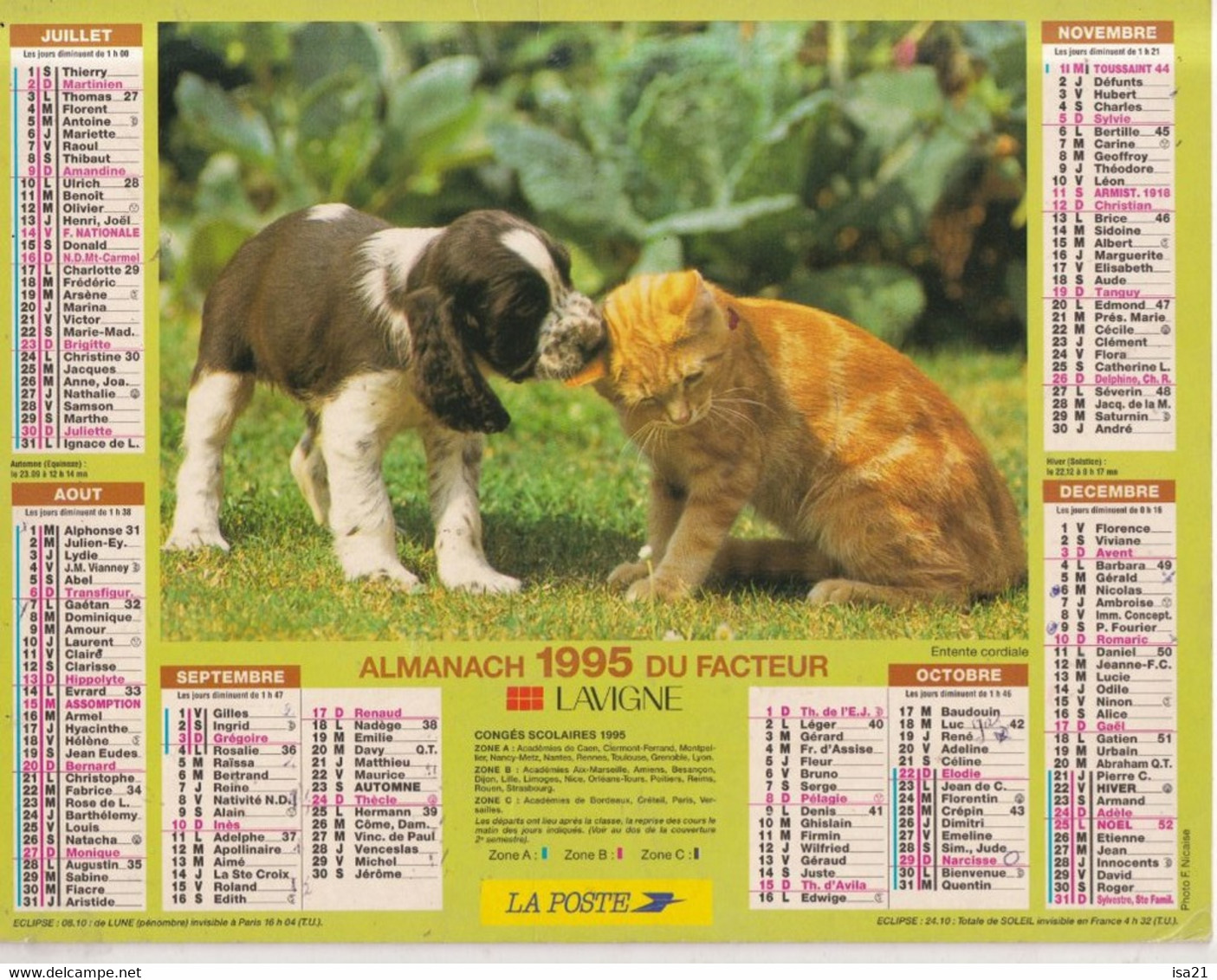 Almanach Du Facteur, Calendrier De La Poste, 1995 : Côte D'Or, Chaumière Fleurie, Chien Et Chat. - Grand Format : 1991-00