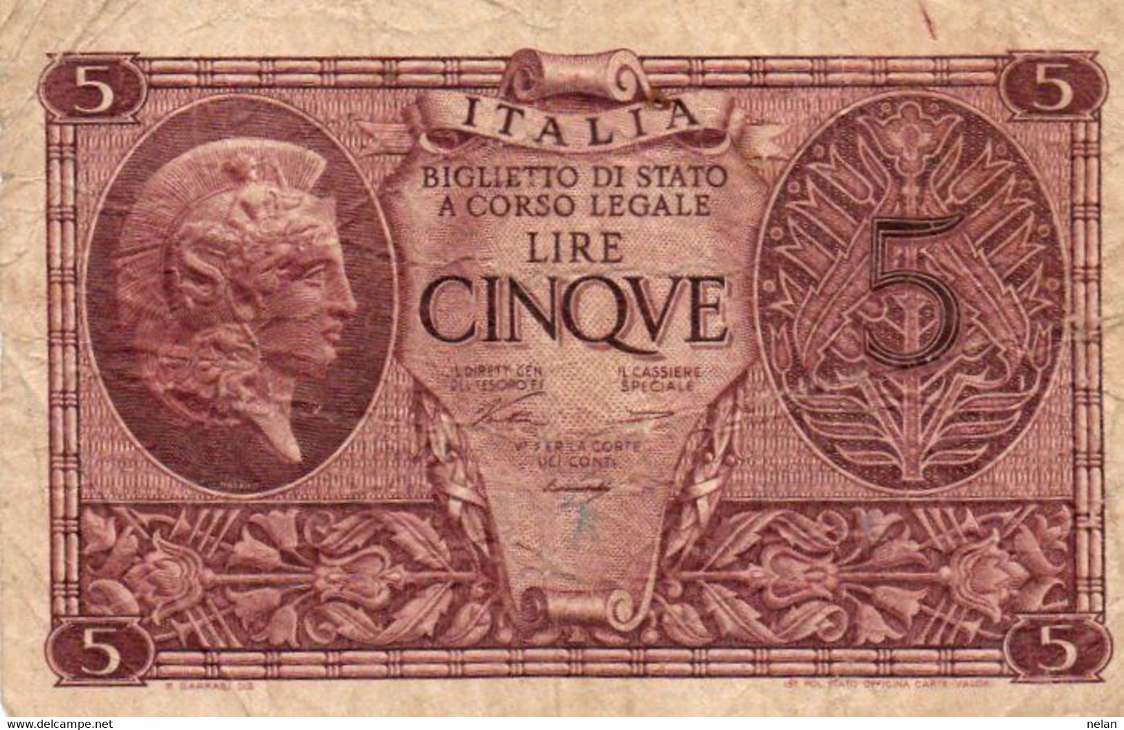 ITALIA 5 LIRE 1944 P-31a Circ. ( 1944~1946 - Luogotenenza) -Firme: Ventura-Simoneschi-Giovinco - Italia – 5 Lire