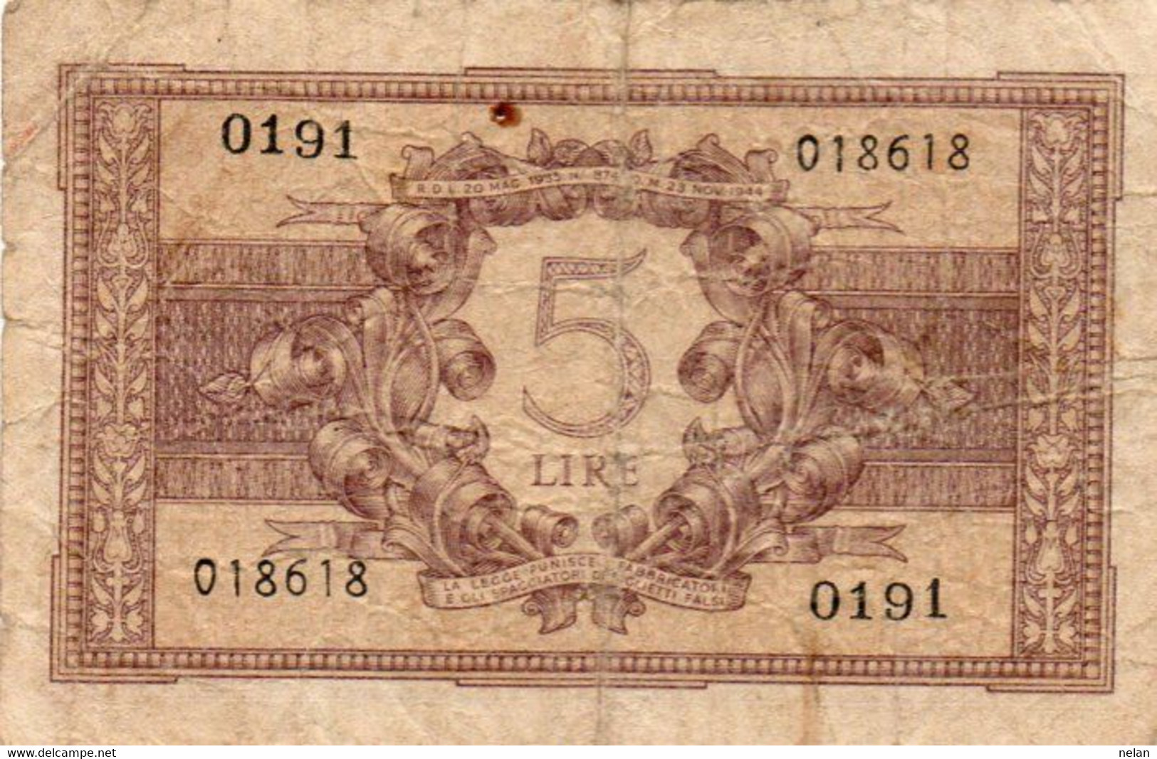 ITALIA 5 LIRE 1944 P-31a Circ. ( 1944~1946 - Luogotenenza) -Firme: Ventura-Simoneschi-Giovinco - Italië– 5 Lire