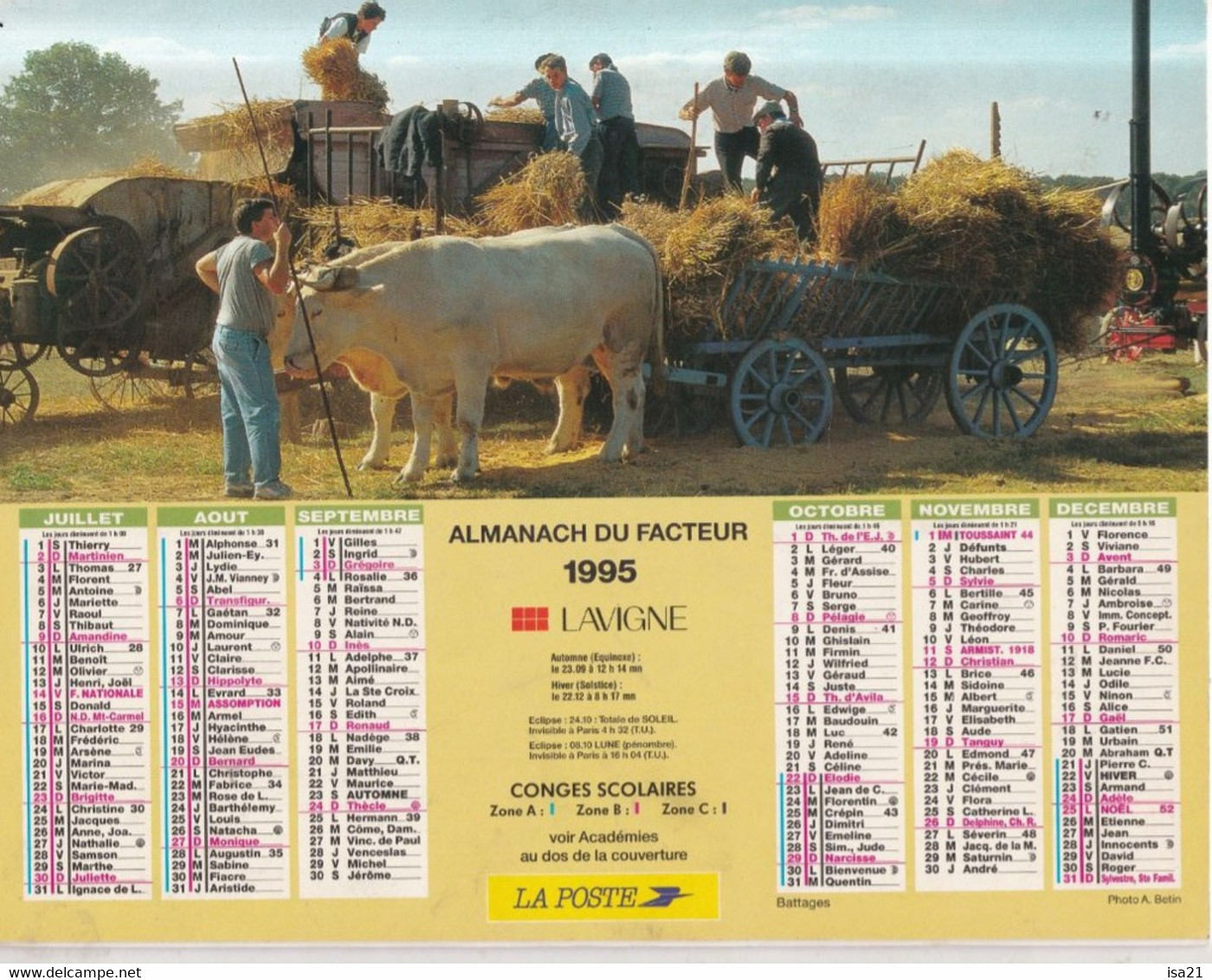 Almanach Du Facteur, Calendrier De La Poste, 1995 : Haute-Saône: Récolte Du Foin, Le Battage. - Grand Format : 1991-00