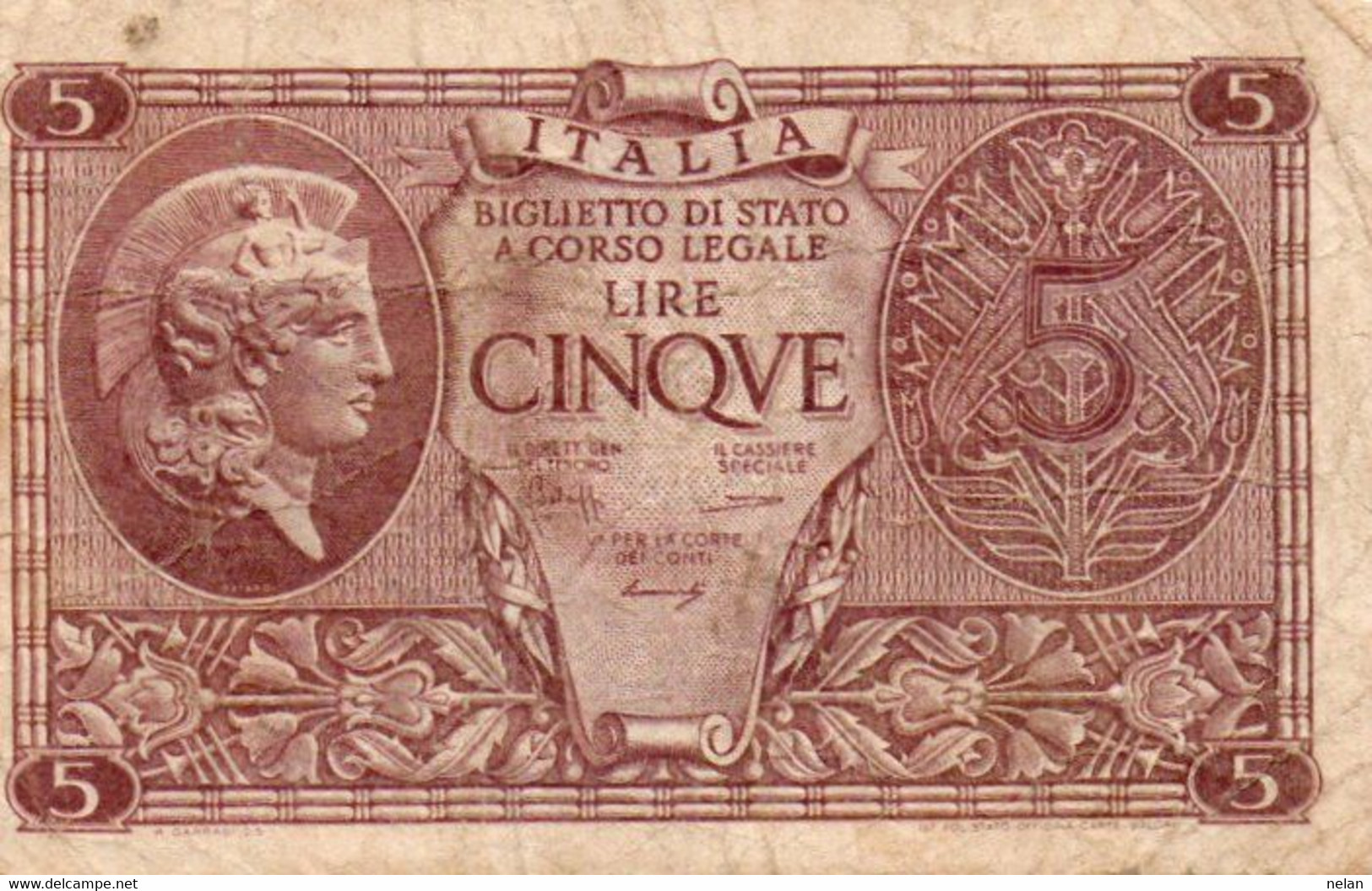 ITALIA 5 LIRE 1944 P-31b Circ. ( 1944~1946 - Luogotenenza) -   Firme: Bolaffi-Simoneschi-Giovinco - Italia – 5 Lire