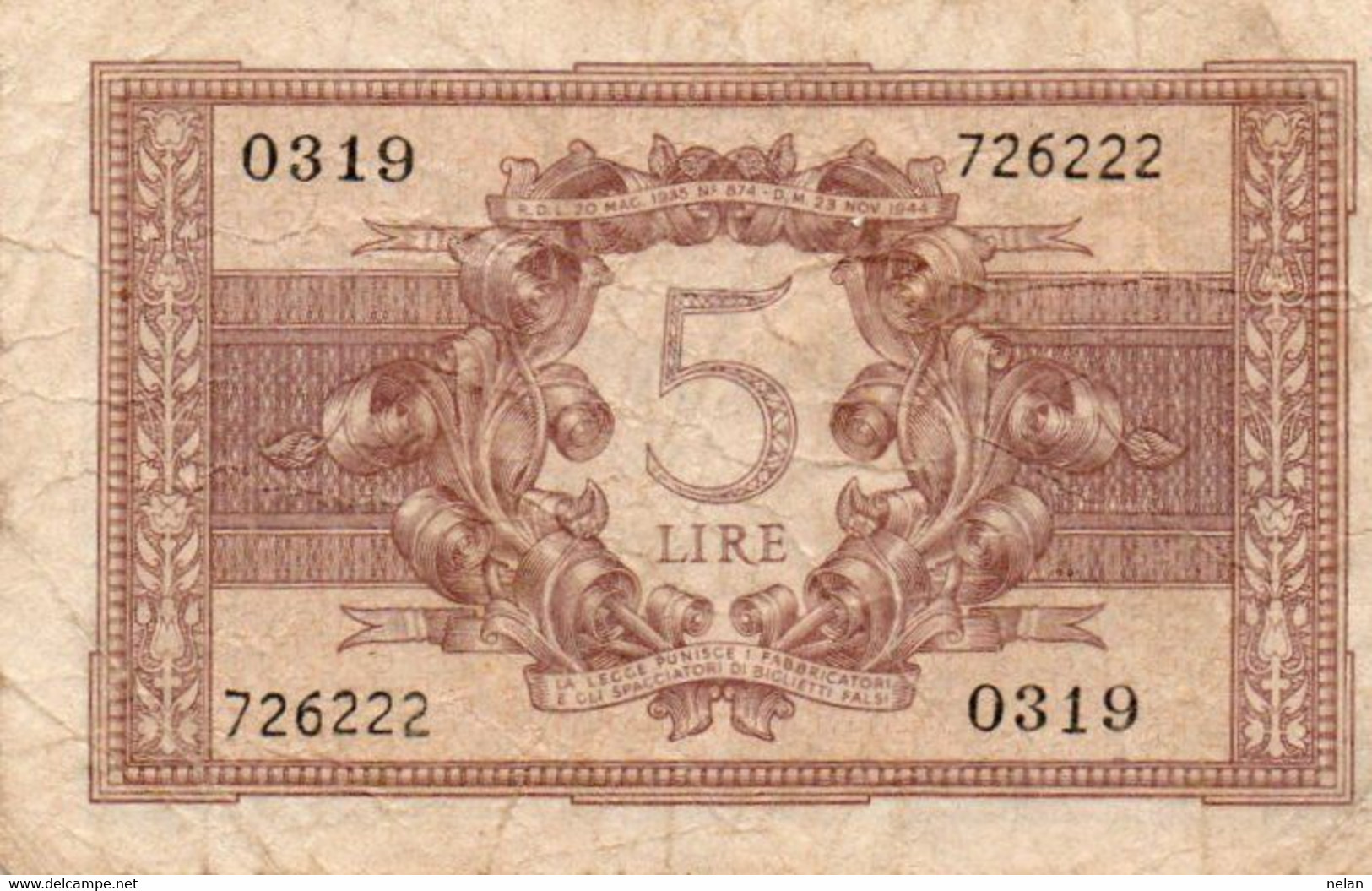 ITALIA 5 LIRE 1944 P-31b Circ. ( 1944~1946 - Luogotenenza) -   Firme: Bolaffi-Simoneschi-Giovinco - Italia – 5 Lire