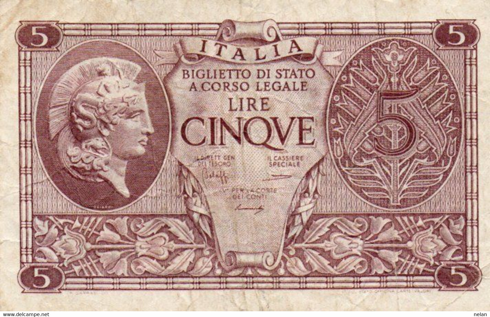 ITALIA 5 LIRE 1944 P-31b Circ. ( 1944~1946 - Luogotenenza) -   Firme: Bolaffi-Simoneschi-Giovinco - Italië– 5 Lire