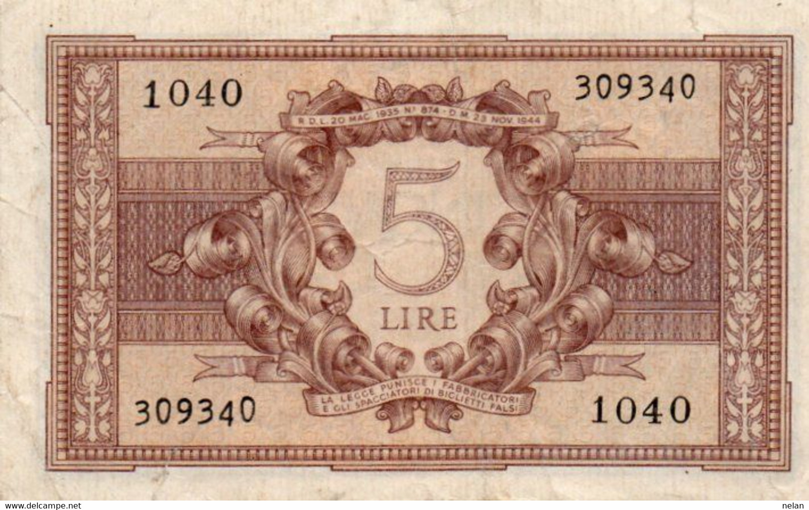 ITALIA 5 LIRE 1944 P-31c   Circ. ( 1944~1946 - Luogotenenza) -   Firme: Bolaffi / Cavallaro / Giovinco - Italia – 5 Lire