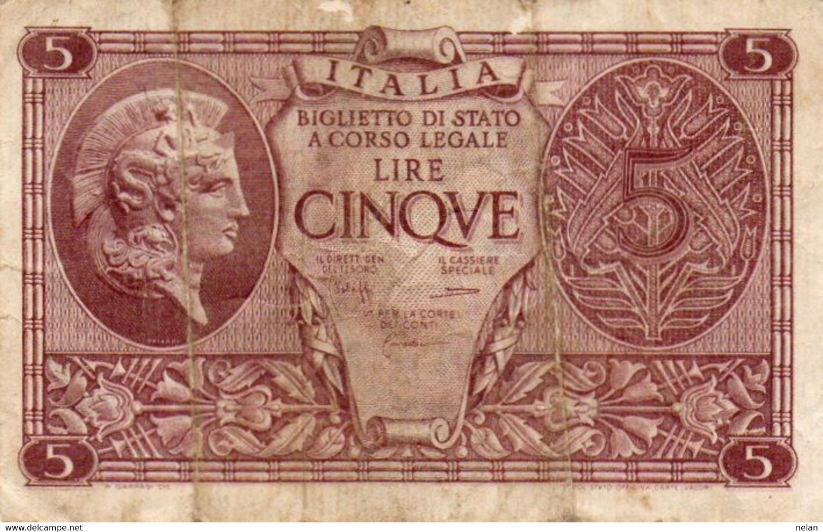 ITALIA 5 LIRE 1944 P-31c   Circ. ( 1944~1946 - Luogotenenza) -   Firme: Bolaffi / Cavallaro / Giovinco - Italië– 5 Lire