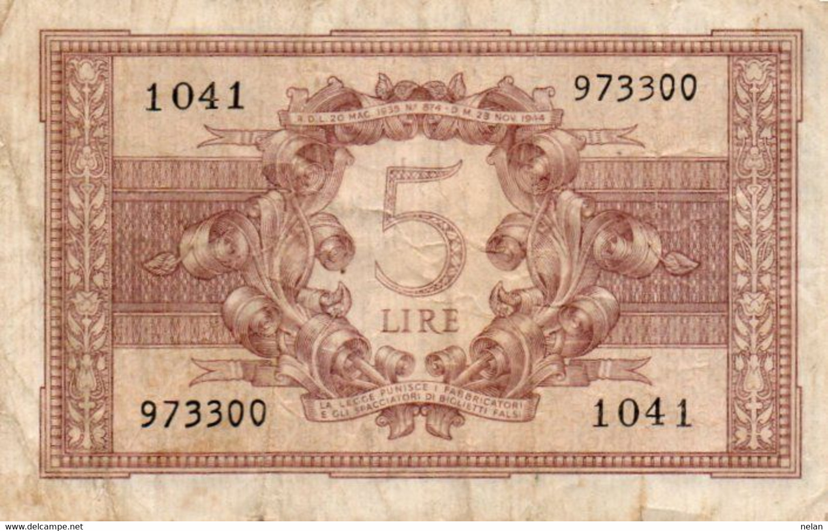 ITALIA 5 LIRE 1944 P-31c   Circ. ( 1944~1946 - Luogotenenza) -   Firme: Bolaffi / Cavallaro / Giovinco - Italia – 5 Lire