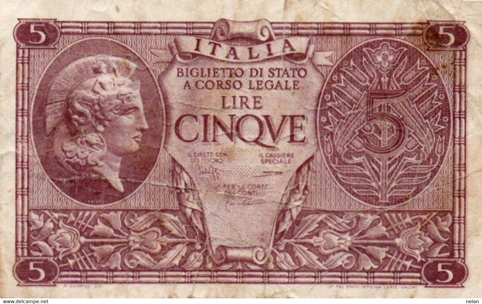 ITALIA 5 LIRE 1944 P-31c   Circ. ( 1944~1946 - Luogotenenza) -   Firme: Bolaffi / Cavallaro / Giovinco - Italië– 5 Lire