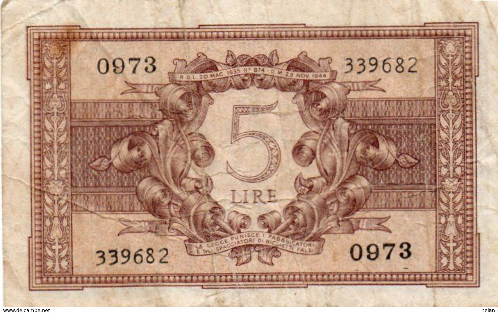 ITALIA 5 LIRE 1944 P-31c   Circ. ( 1944~1946 - Luogotenenza) -   Firme: Bolaffi / Cavallaro / Giovinco - Italië– 5 Lire