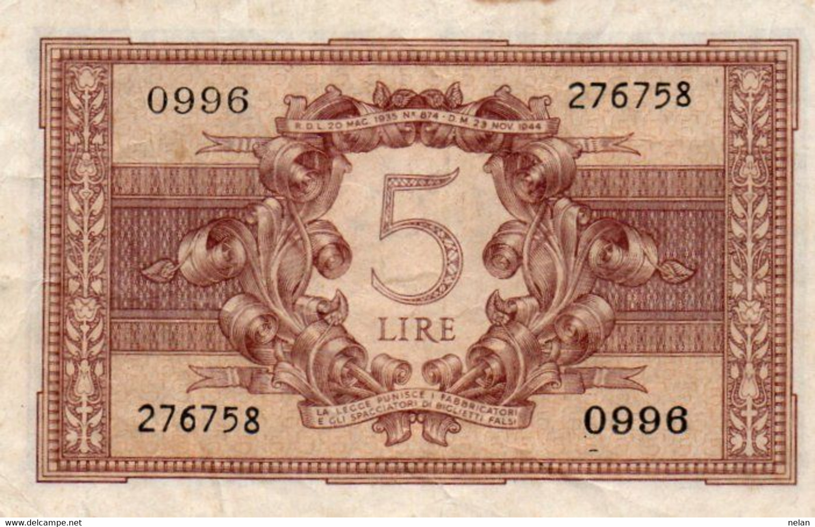 ITALIA 5 LIRE 1944 P-31c   Circ. ( 1944~1946 - Luogotenenza) -   Firme: Bolaffi / Cavallaro / Giovinco - Italië– 5 Lire