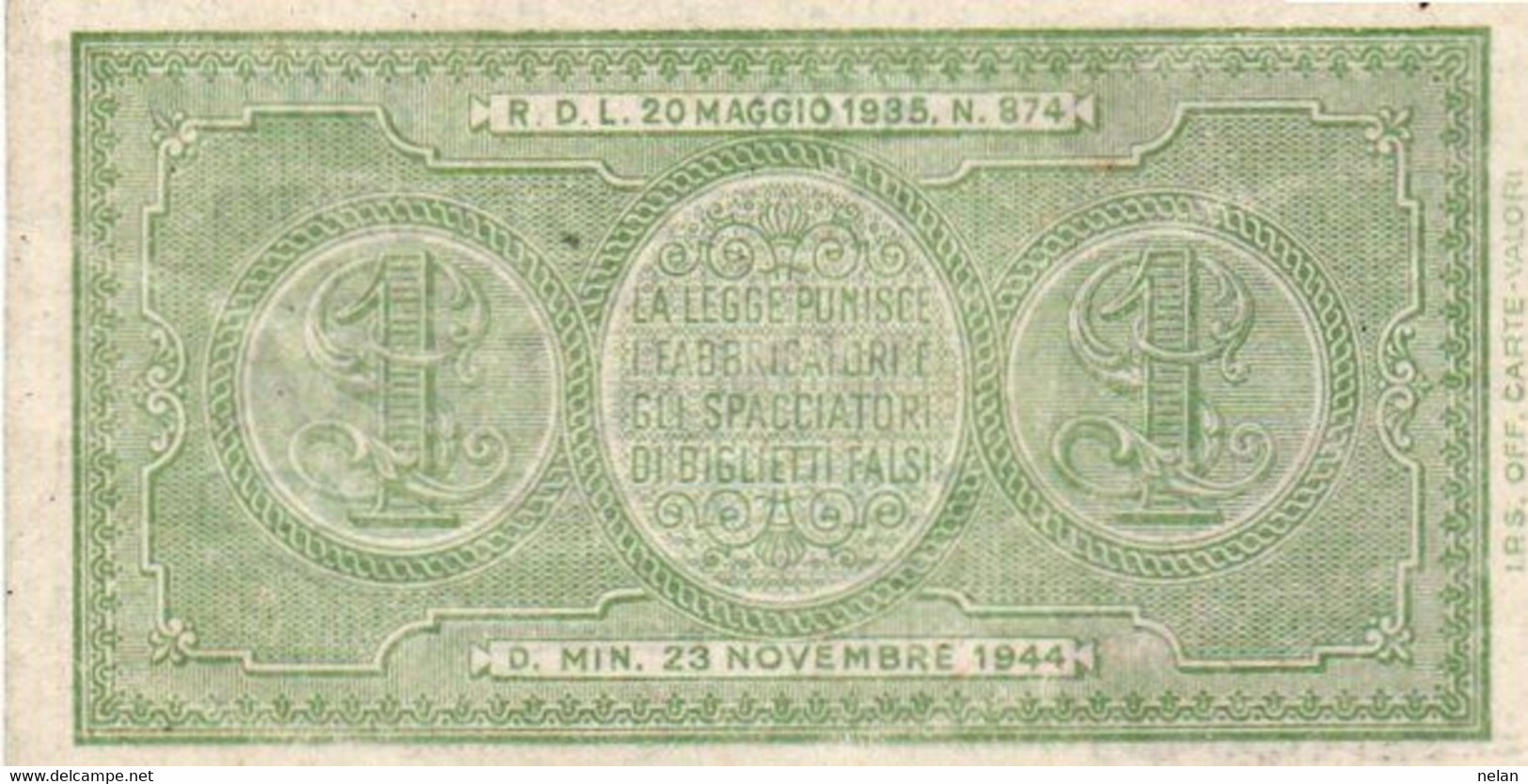 ITALIA 1 LIRA 1944 P-29b  UNC - 1944~1946 - Luogotenenza -  Firme: Bolaffi = Cavallaro = Giovinco - Italia – 1 Lira