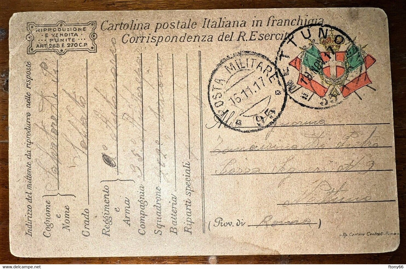 MA22 Cartolina Postale Italiana In Franchigia Corrispondenza Del R. Esercito 1917 - Oorlog 1914-18