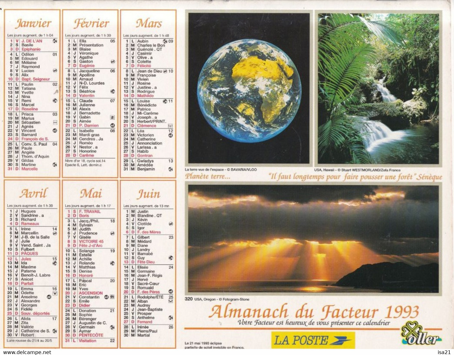 Almanach Du Facteur, Calendrier De La Poste, 1993 : Haute-Saône, Diverses Vues De La Planète. - Grand Format : 1991-00