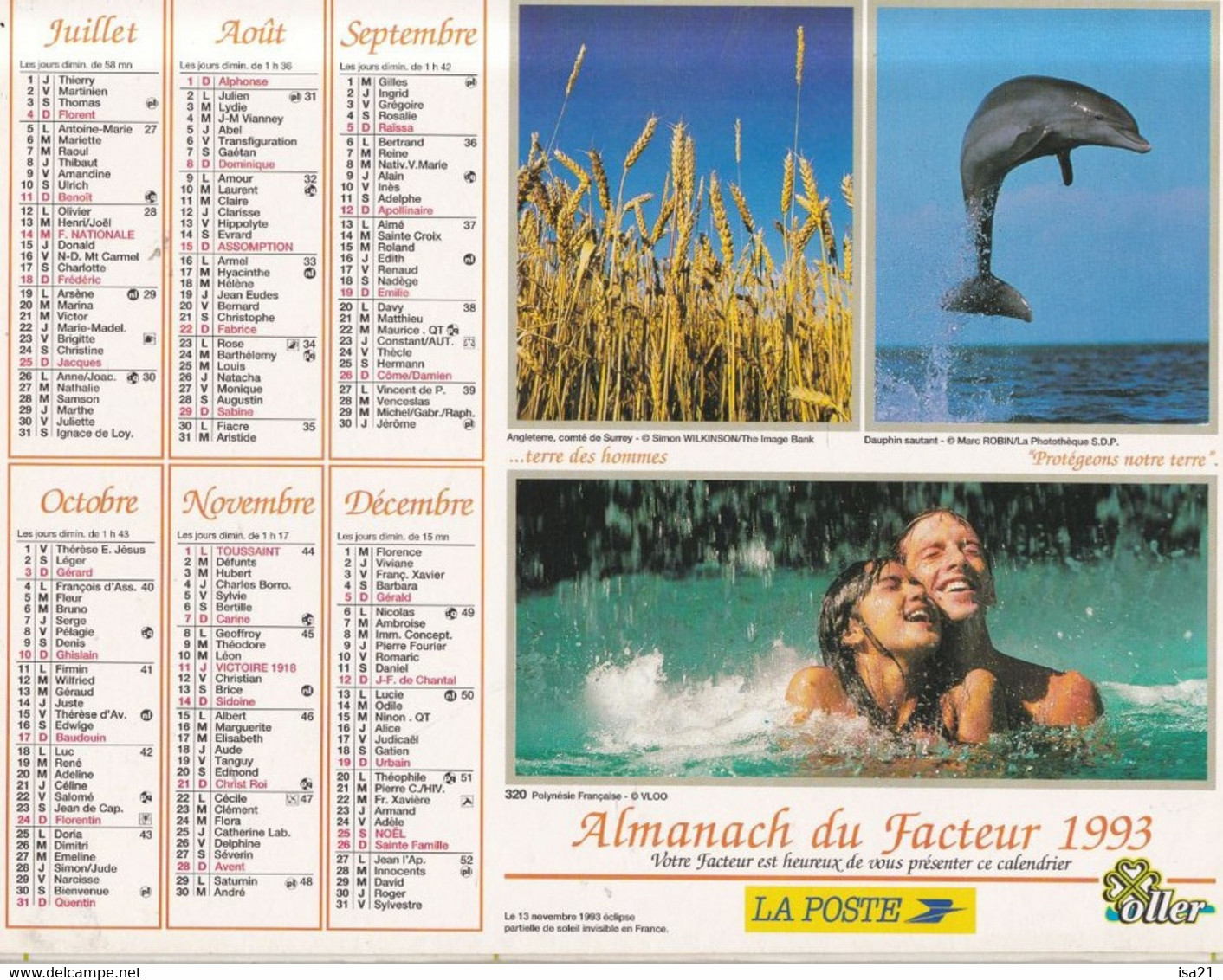 Almanach Du Facteur, Calendrier De La Poste, 1993 : Haute-Saône, Diverses Vues De La Planète. - Grand Format : 1991-00