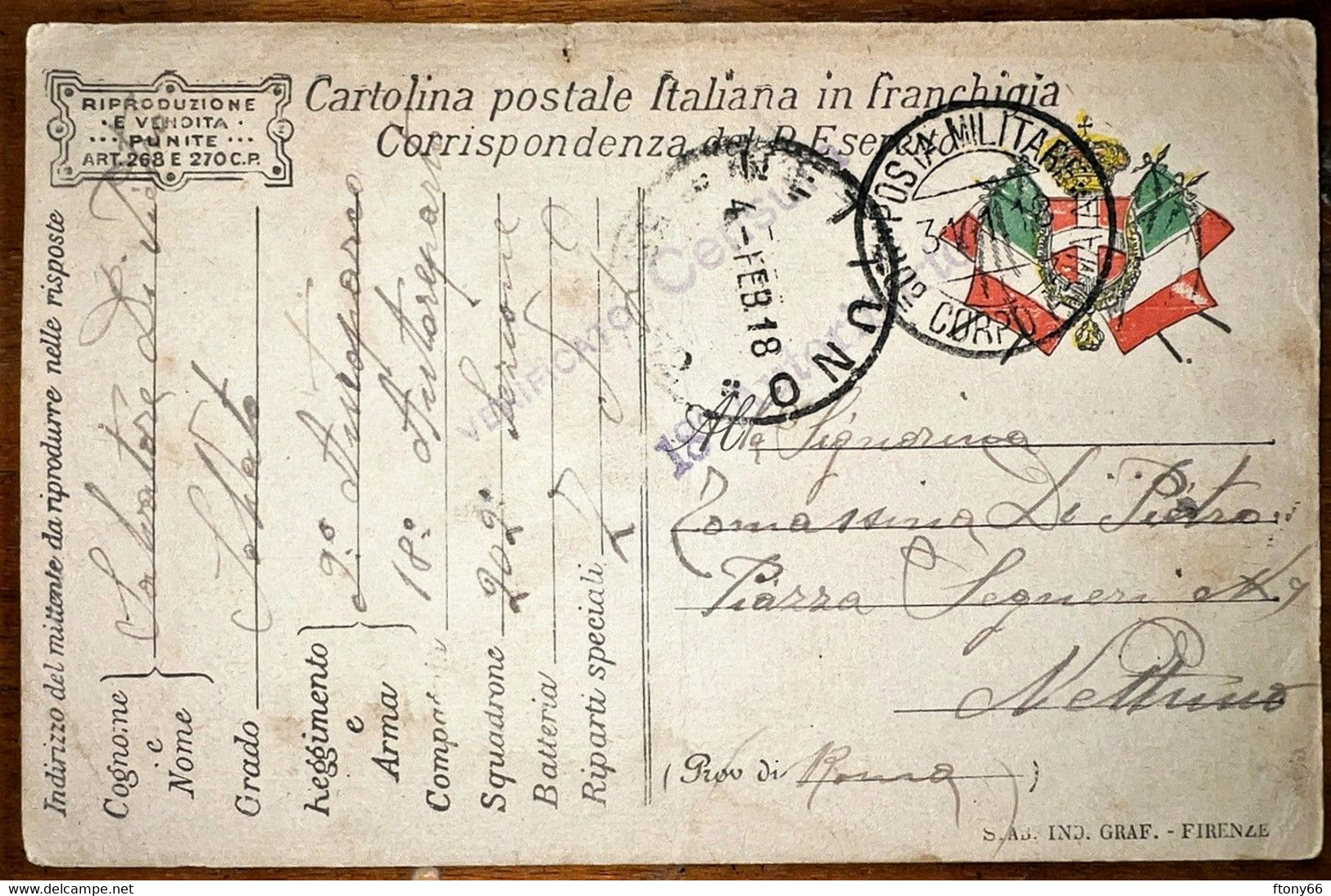 MA22 Cartolina Postale Italiana In Franchigia Corrispondenza Del R. Esercito 1918 - Weltkrieg 1914-18