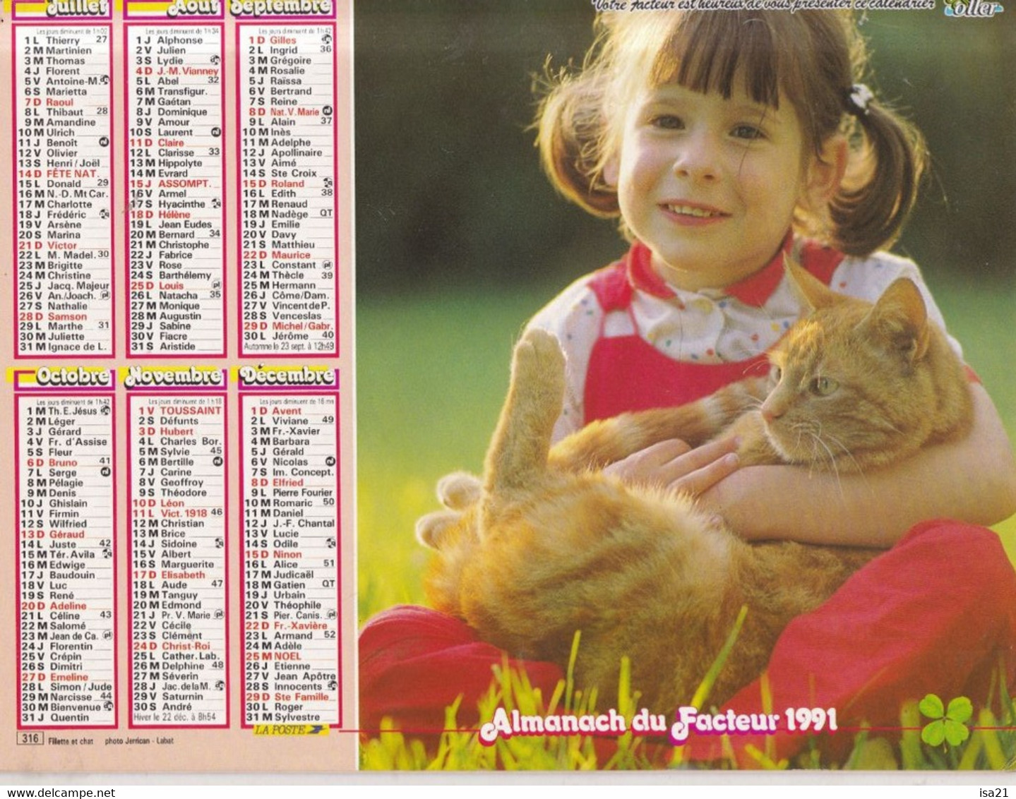 Almanach Du Facteur, Calendrier De La Poste, 1991 : Haute-Saône, Belfort: Fillette Et Chien, Fillette Et Chat... - Grand Format : 1991-00