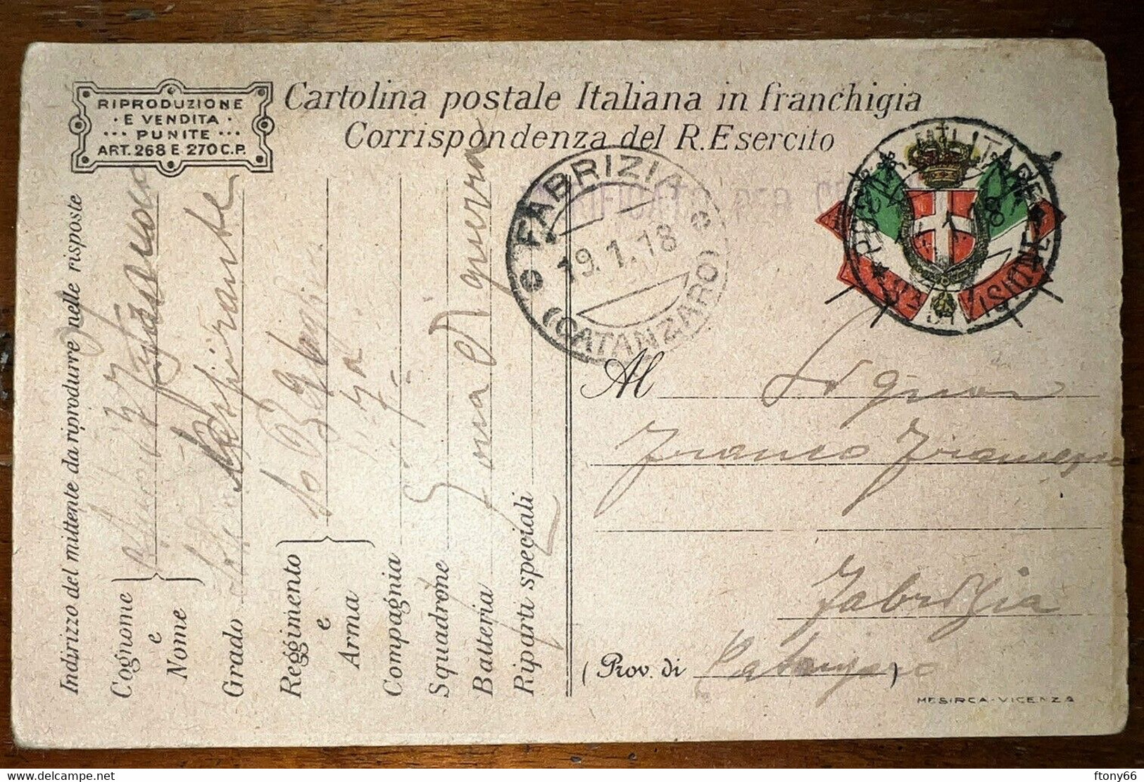 MA22 Cartolina Postale Italiana In Franchigia Corrispondenza Del R. Esercito 1918 - Oorlog 1914-18