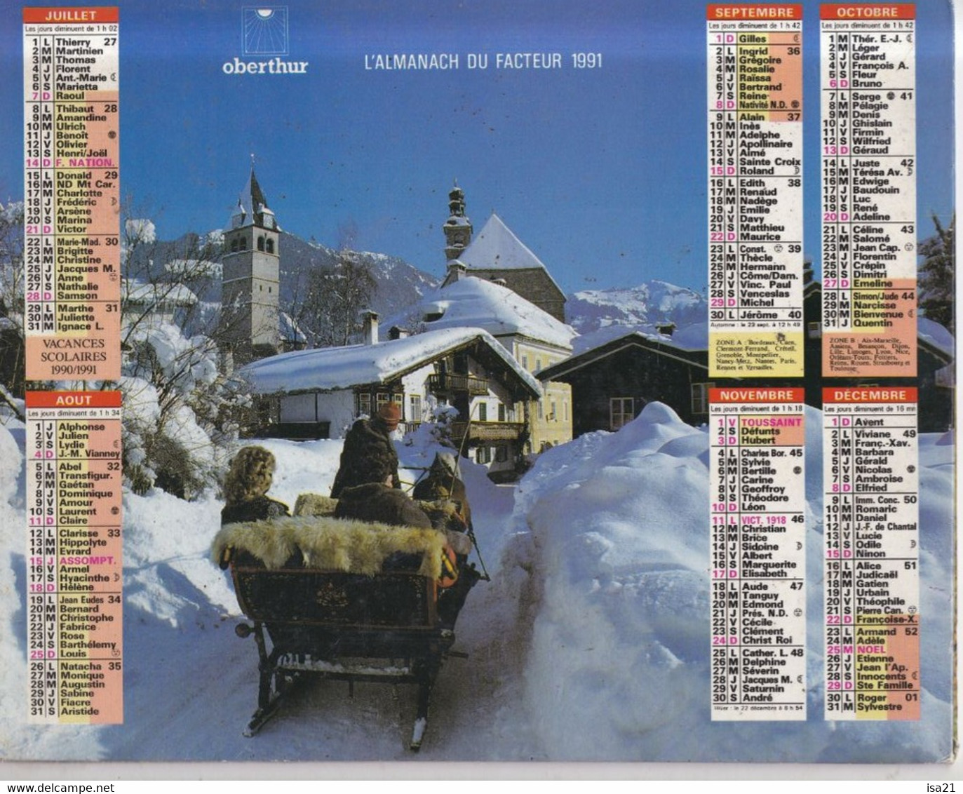 Almanach Du Facteur, Calendrier De La Poste, 1991 : Côte D'Or: Village En Hiver, Animaux Sauvages, Daims, - Grand Format : 1991-00