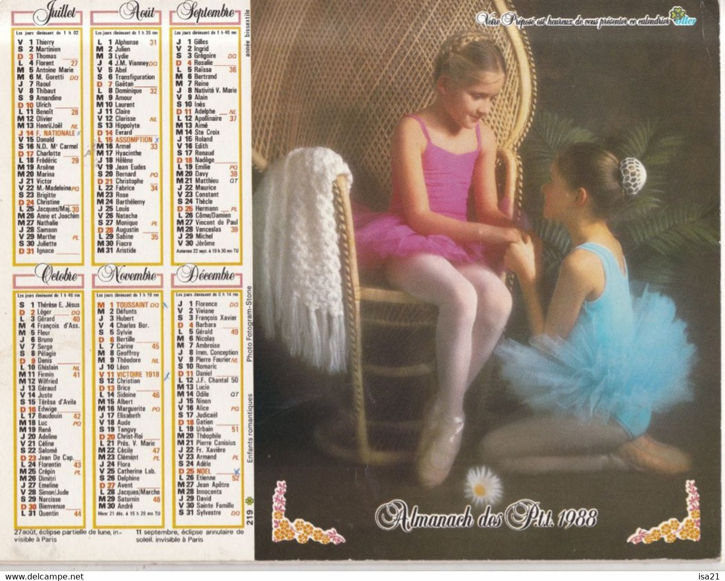 Almanach Du Facteur, Calendrier De La Poste, 1988: Haute-Saône - Belfort: Enfants Romantiques. - Grand Format : 1981-90