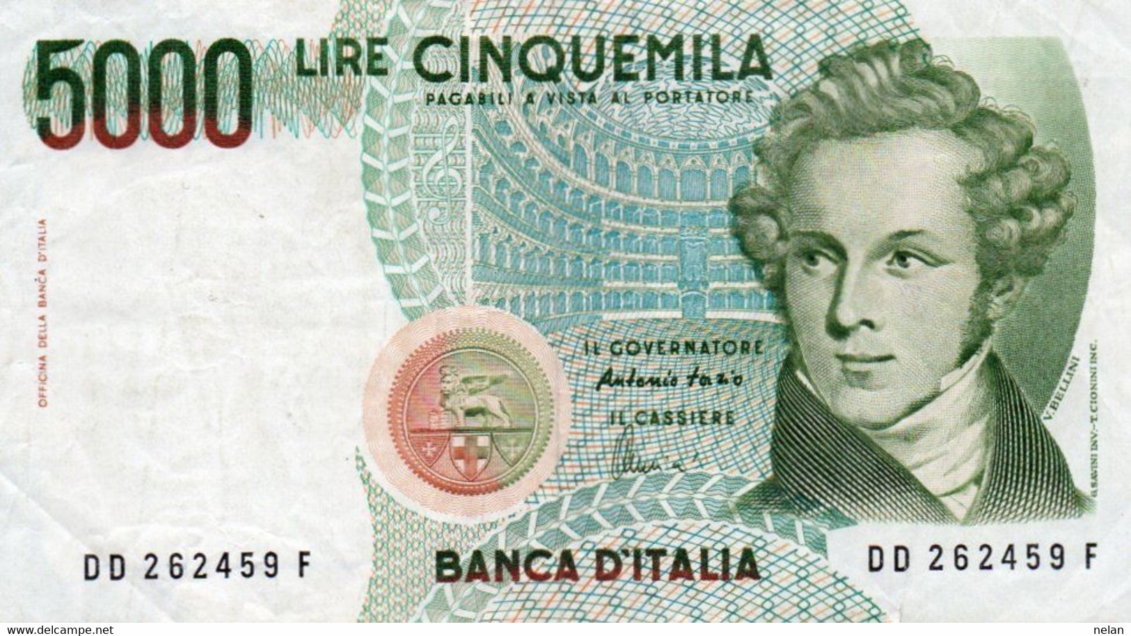 ITALIA 5000 LIRE 1985 - (Vincenzo Bellini)   P-111c  Circ - Firme: Antonio Fazio (Governatore) & Angelo Amici (Cassiere) - 5000 Lire