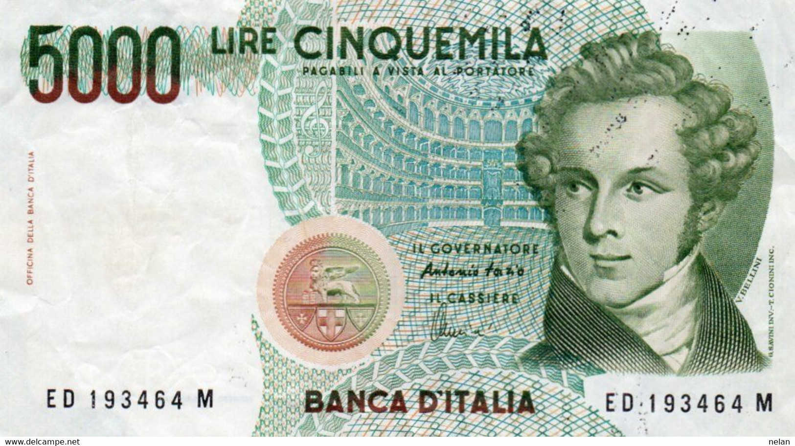 ITALIA 5000 LIRE 1985 - (Vincenzo Bellini)   P-111c  Circ - Firme: Antonio Fazio (Governatore) & Angelo Amici (Cassiere) - 5000 Lire