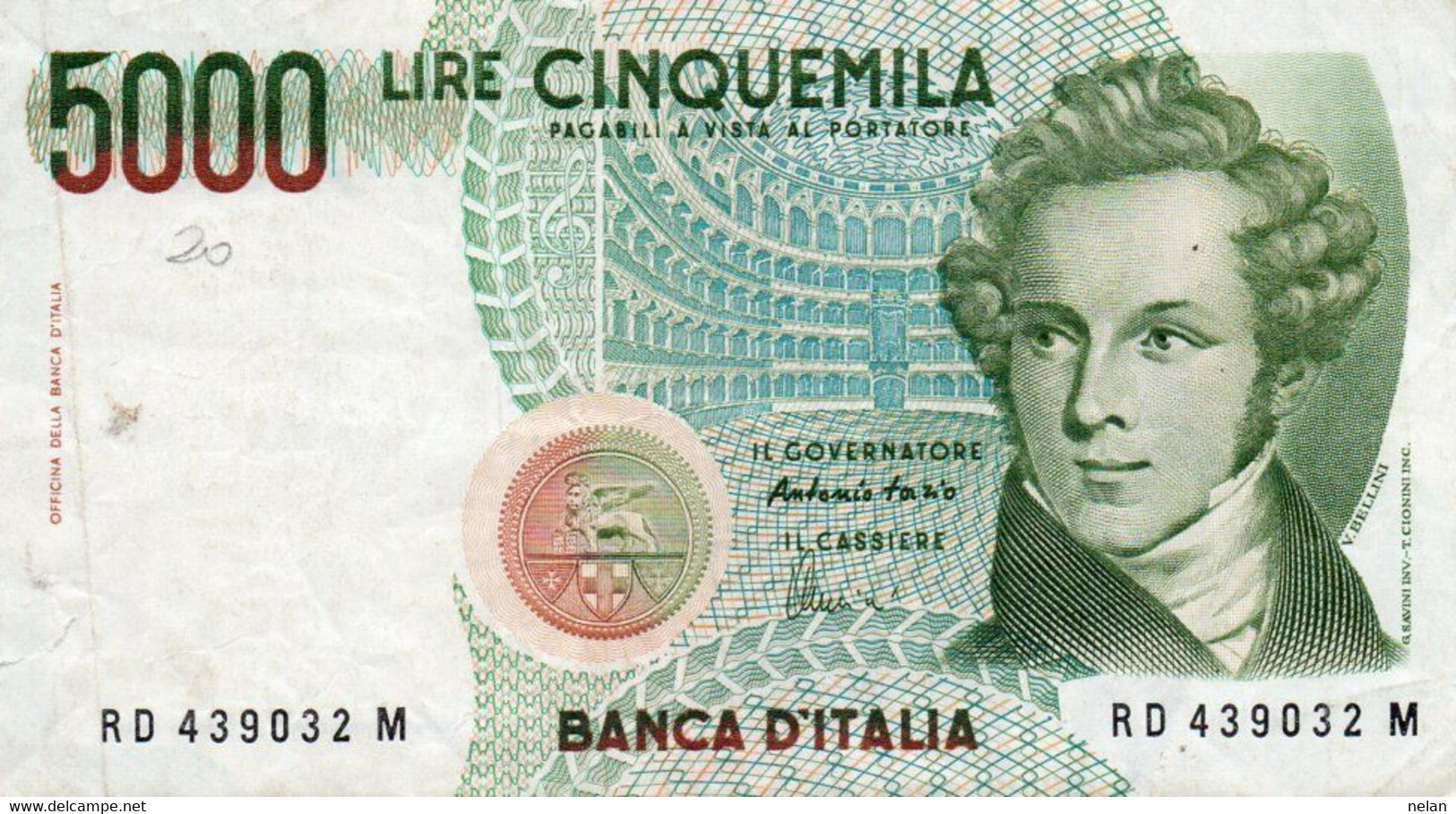 ITALIA 5000 LIRE 1985 - (Vincenzo Bellini)   P-111c  Circ - Firme: Antonio Fazio (Governatore) & Angelo Amici (Cassiere) - 5000 Lire