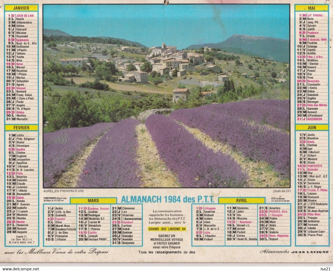 Almanach Du Facteur, Calendrier De La Poste, 1984: Côte D'Or: Champ De Lavande Aurel (05), Moutons En Dauphiné (38) - Grand Format : 1981-90